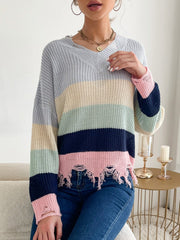 Bunt gestreifter Pullover mit V-Ausschnitt 