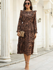 Leopard Print Ruffled Long Sleeve Dresses