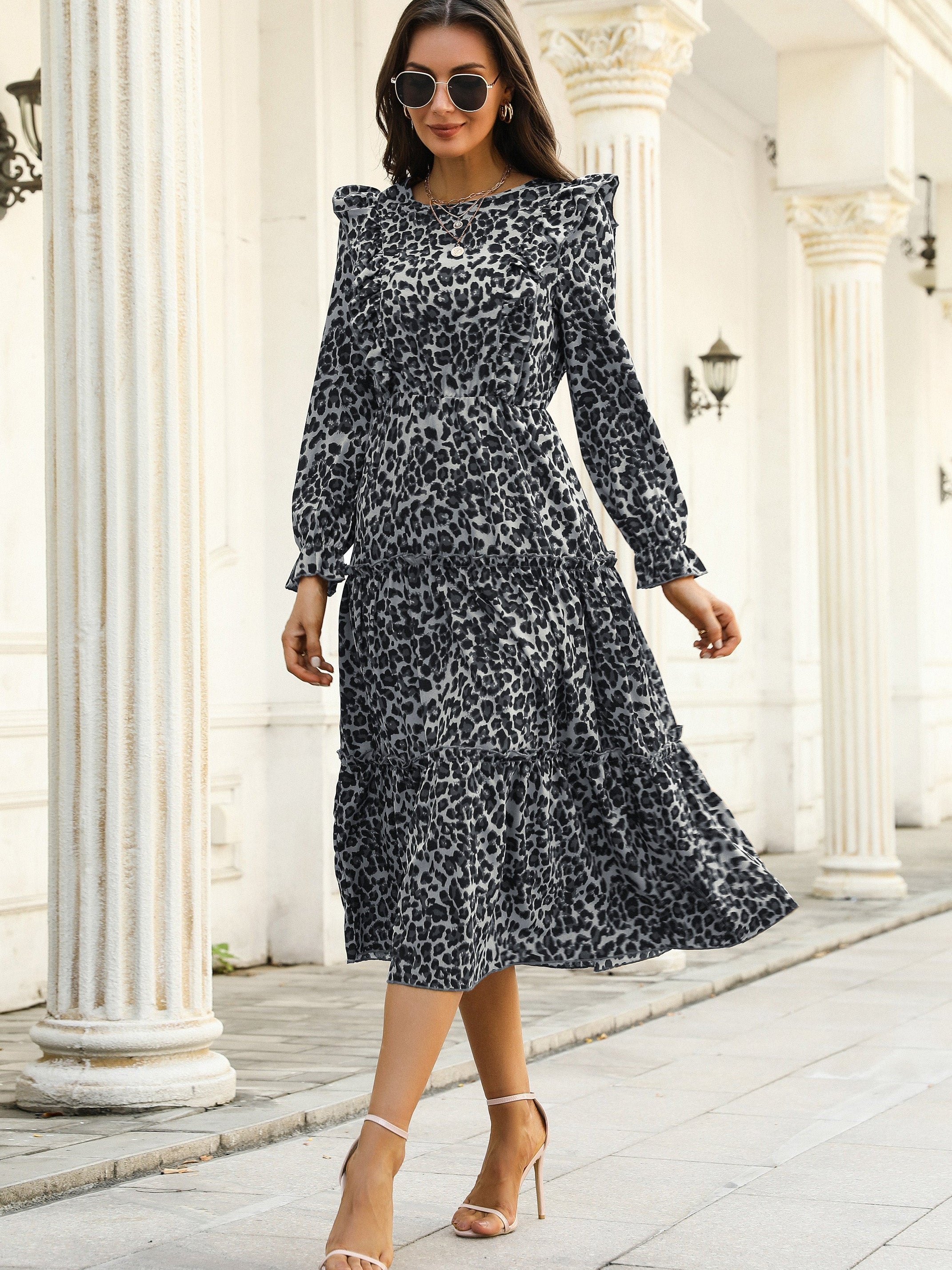 Leopard Print Ruffled Long Sleeve Dresses