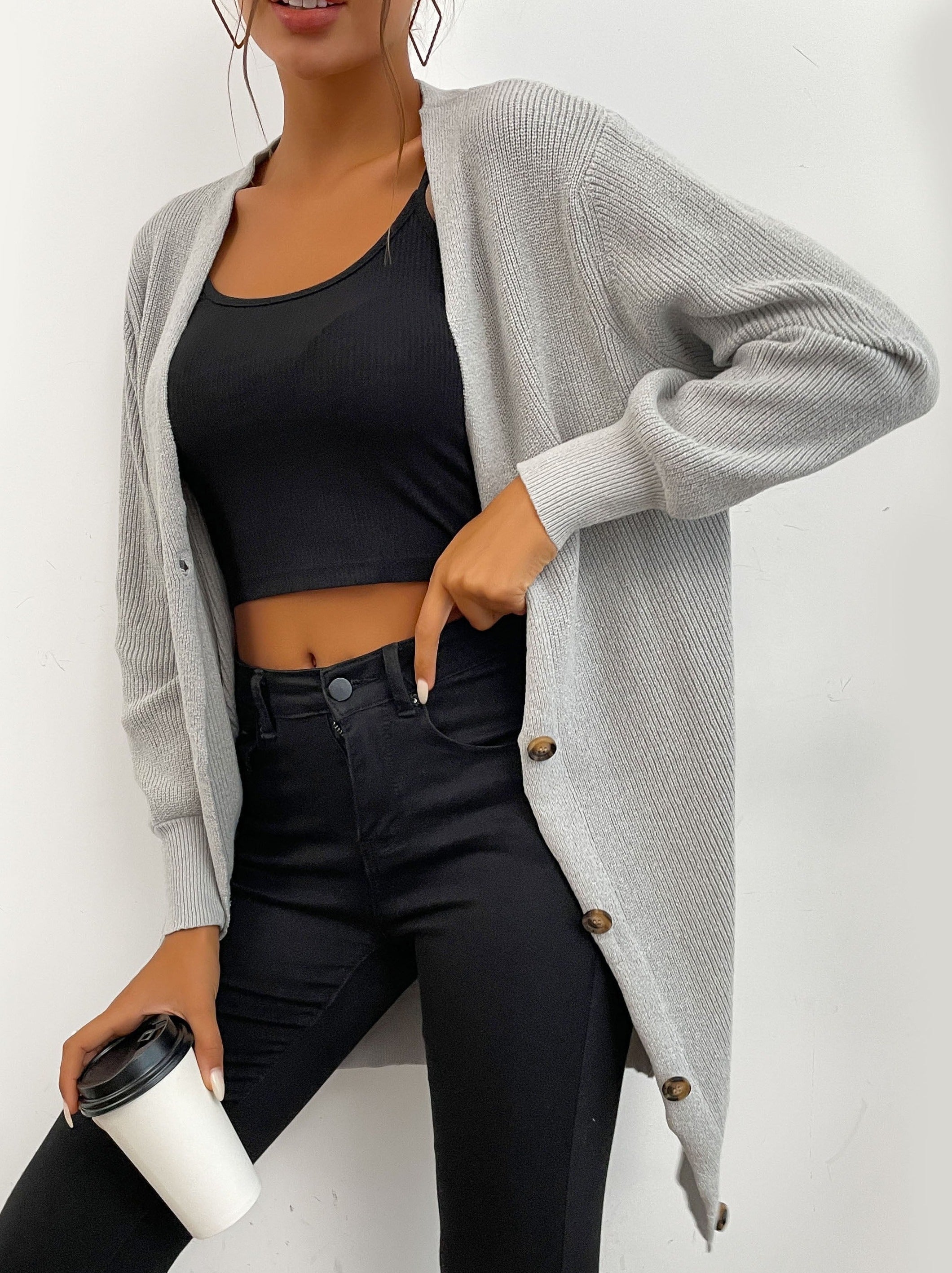 Solid Color Button Long Sweater