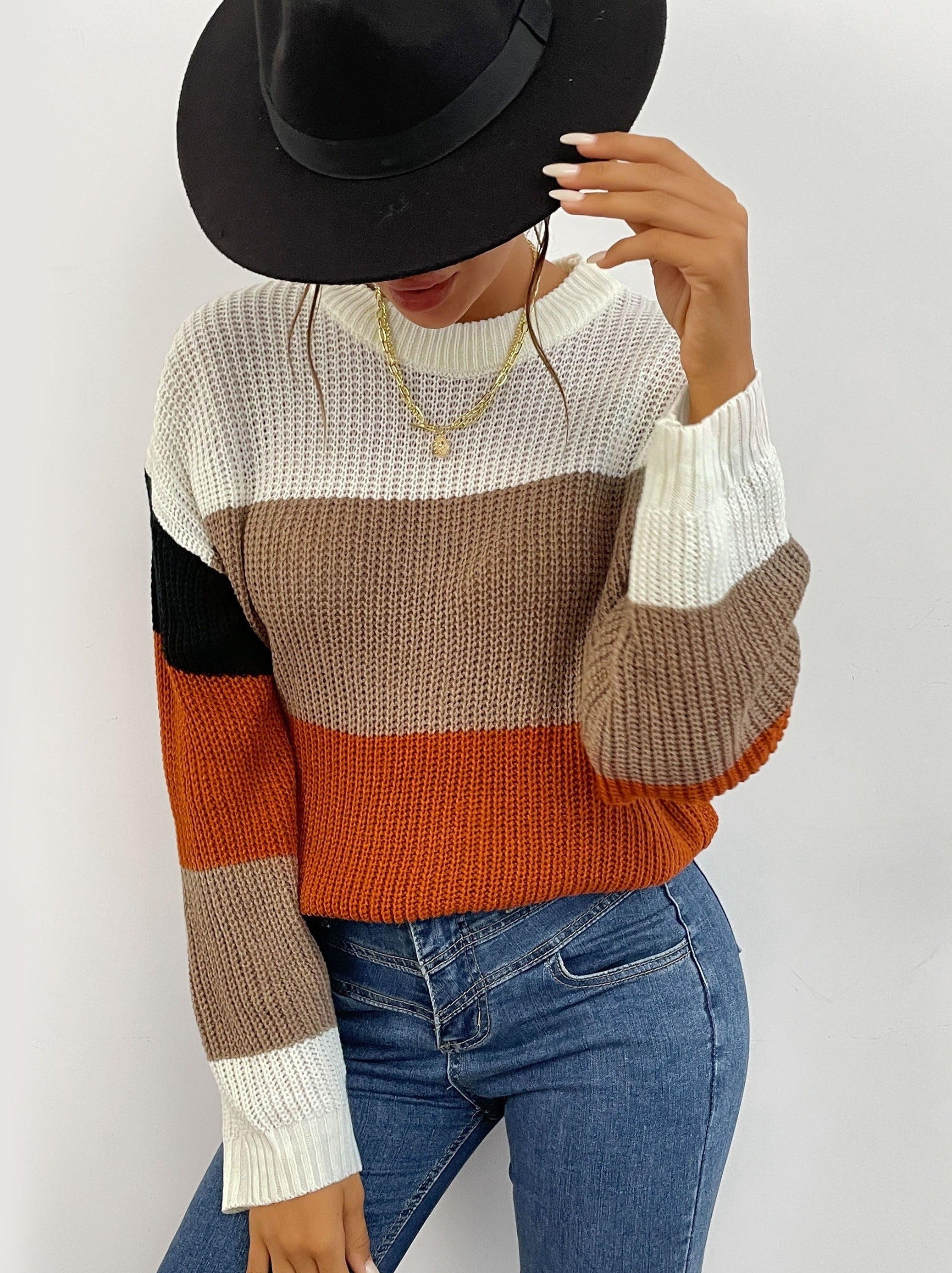 Color Blocking Round Neck Women's Sweater