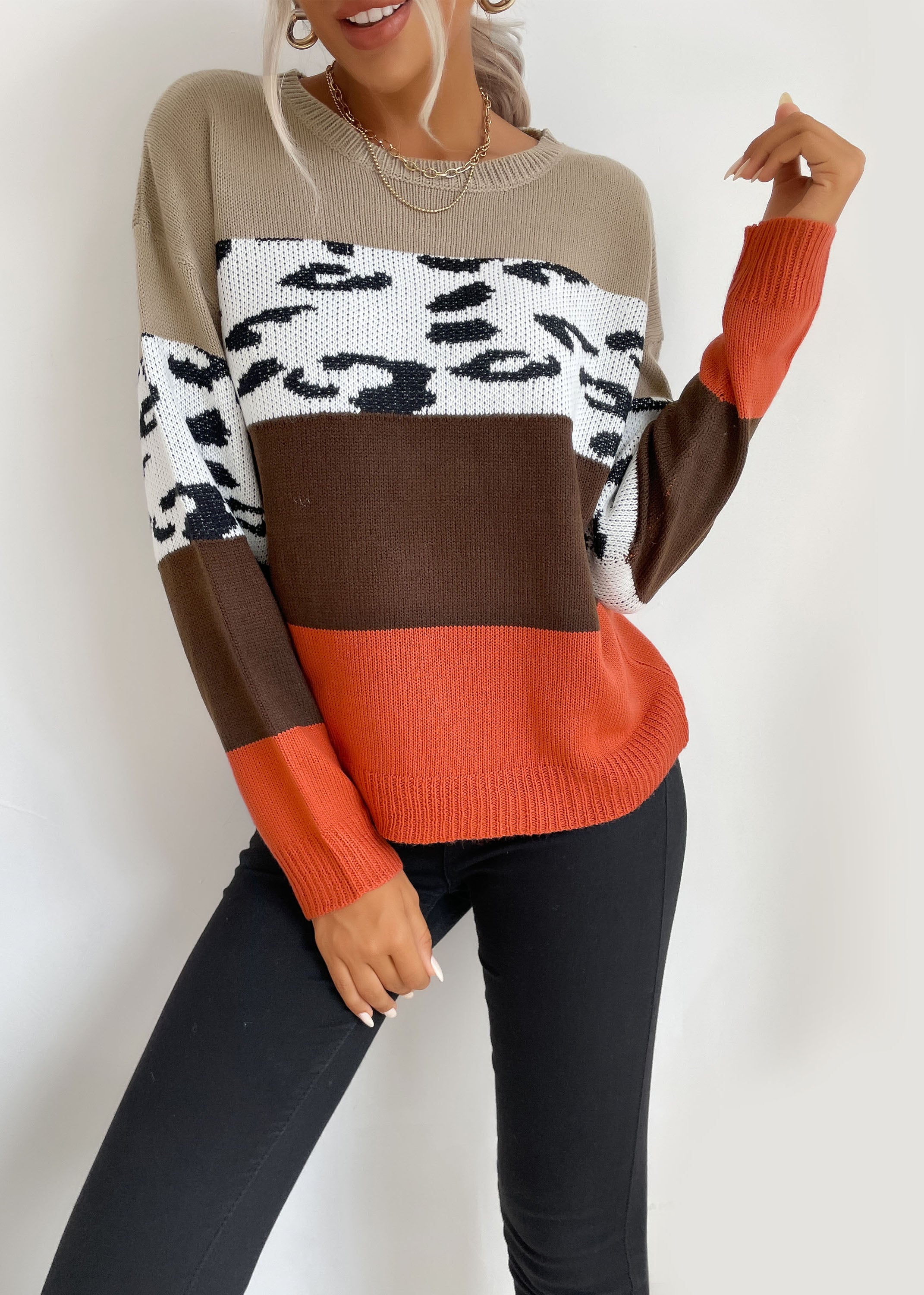 Leopard Print Round Neck Knit Sweater