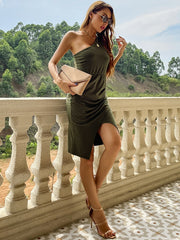 One shoulder solid color Hip Wrap green dress