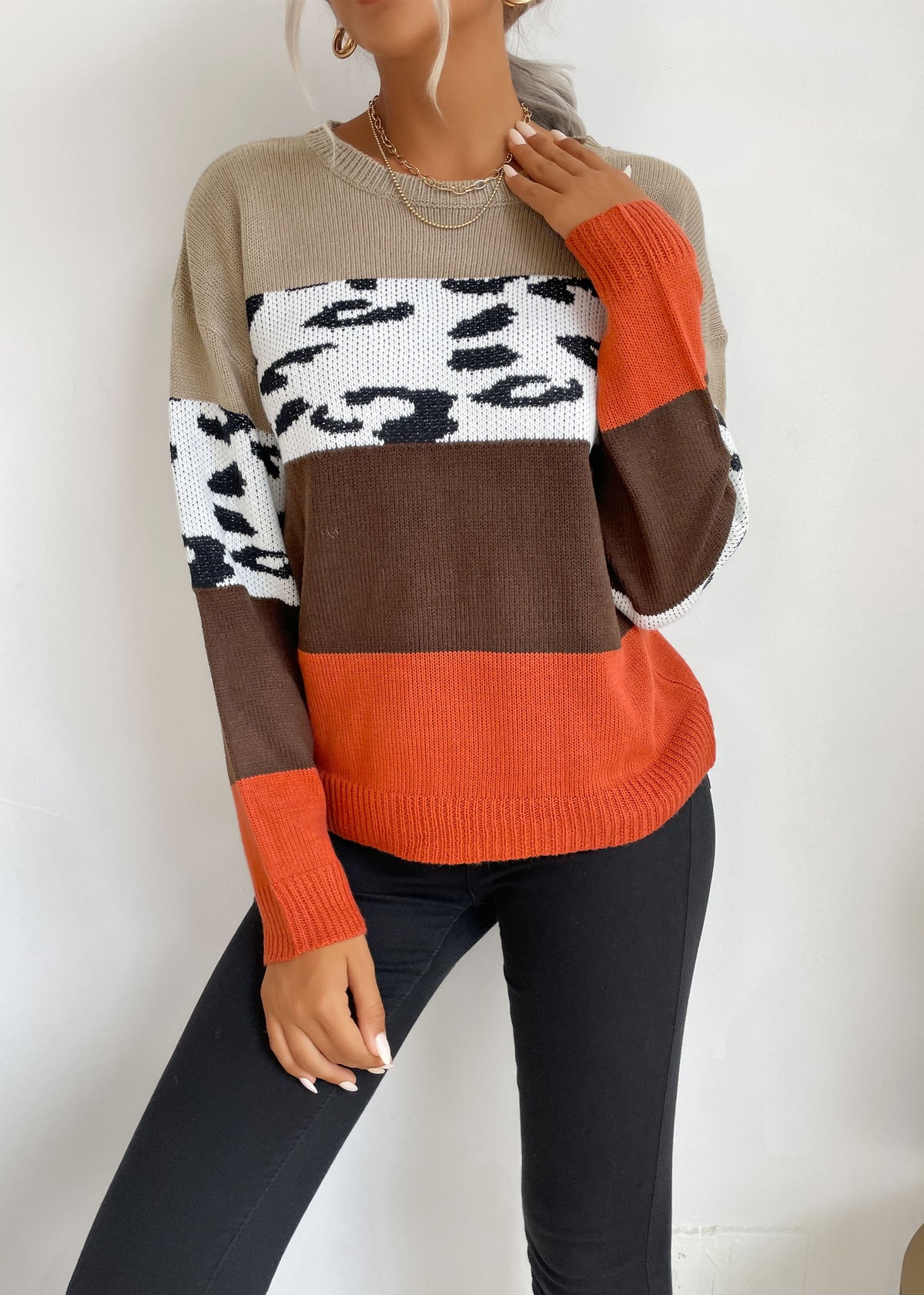 Leopard Print Round Neck Knit Sweater