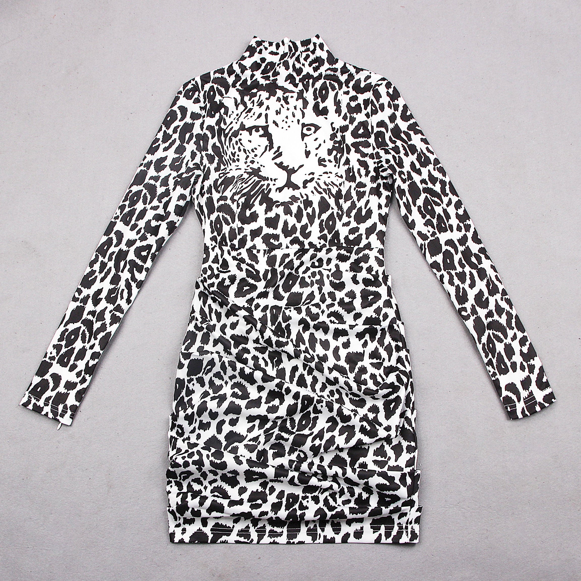 High Neck Long Sleeve Leopard Mini Bodycon Dress