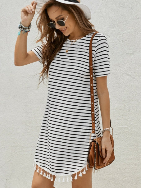 Striped Panel Fringed Hem Short Sleeve Skirt