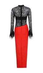 SplIced Lace Feather Slit Dress in Black And Red