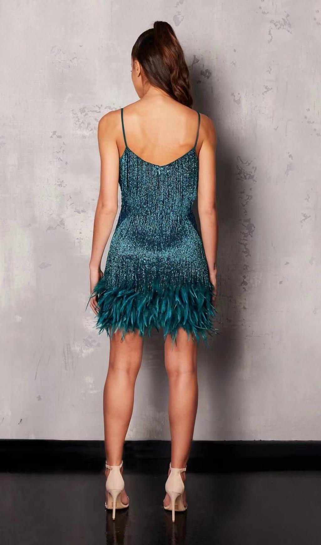 Tassel Feather Mini Dress in Dark Green