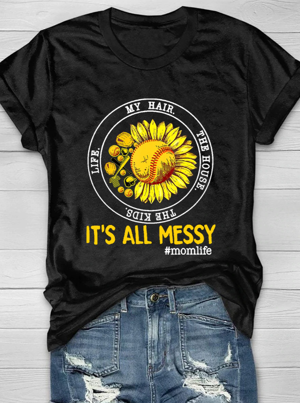 Baseball And Softball Momlife Sunflower Print T-Shirt