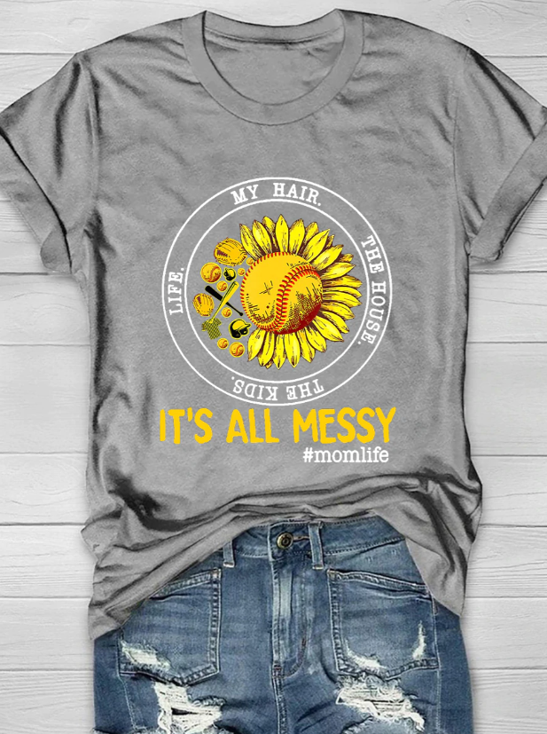 Baseball And Softball Momlife Sunflower Print T-Shirt