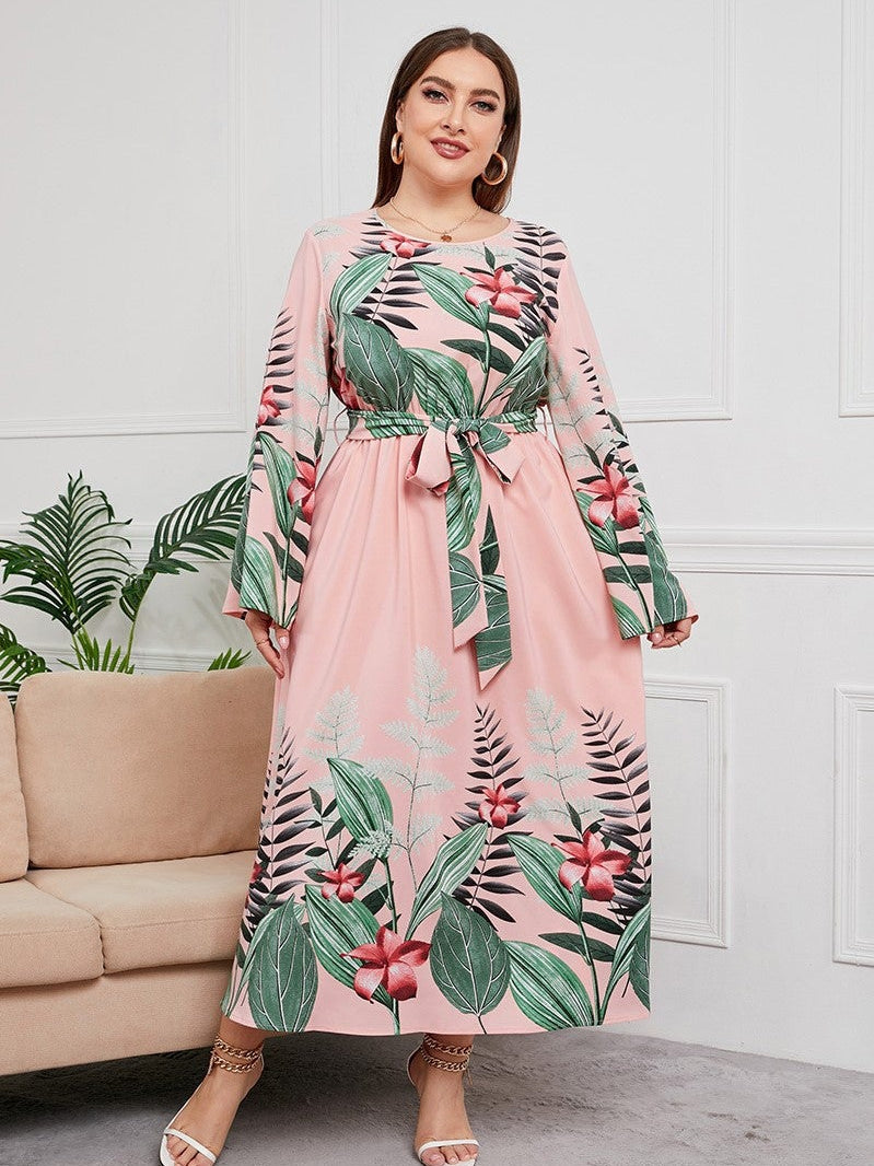 Vestidos de talla grande con estampado floral de plantas, mangas largas y cintura anudada 