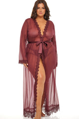 Plus Size Eyelash Lace Floor Length Robe With Satin Sash