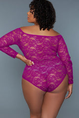 Fuchsia Scooped Neck Long Sleeves Bodysuit | Plus Size