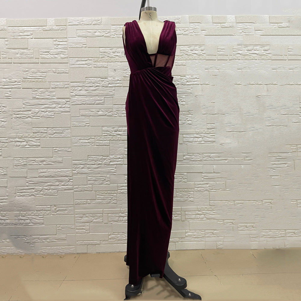 V Neck Sleeveless Slit Maxi Bodycon Dress H01194