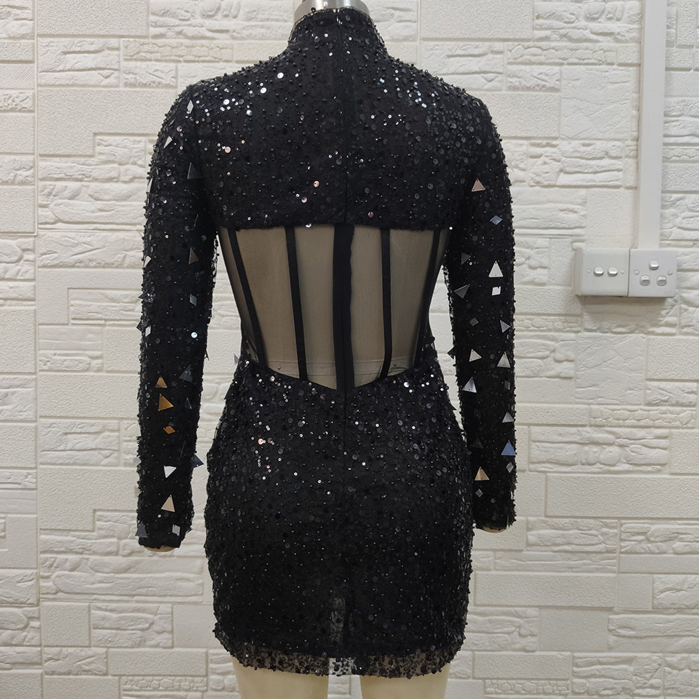 High Neck Long Sleeve Beaded Mini Bodycon Dress H01221