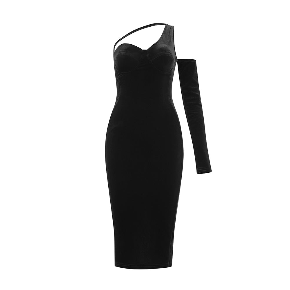 Asymmetrisches Midi-Bodycon-Kleid mit einer Schulter und langen Ärmeln HB7492