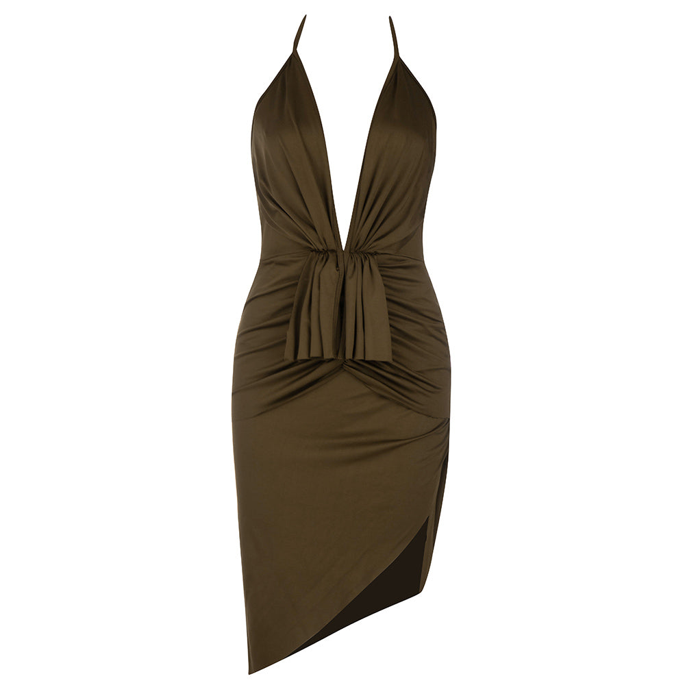 Halter Sleeveless Wrinkled Midi Bodycon Dress HB75750