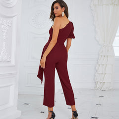 One Shoulder Short Sleeve Frill Bodycon Jumpsuit HB75860