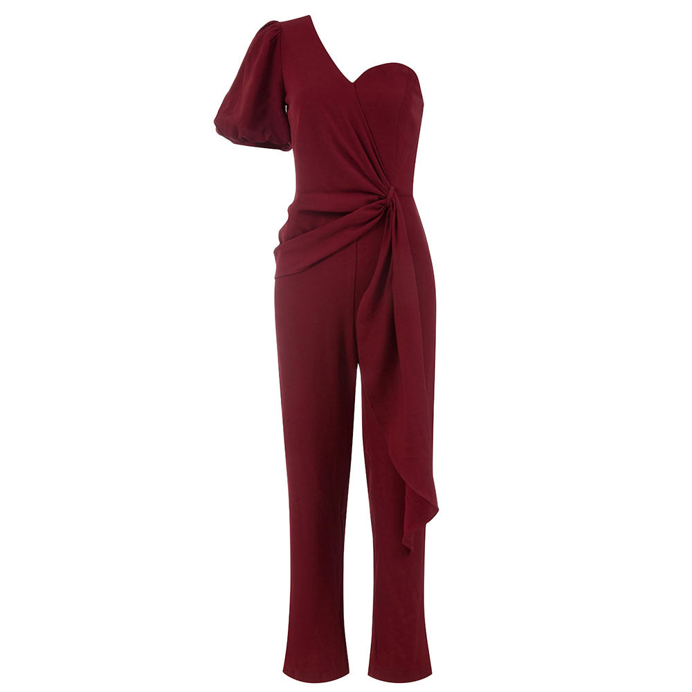 One-Shoulder-Kurzarm-Bodycon-Jumpsuit mit Rüschen HB75860