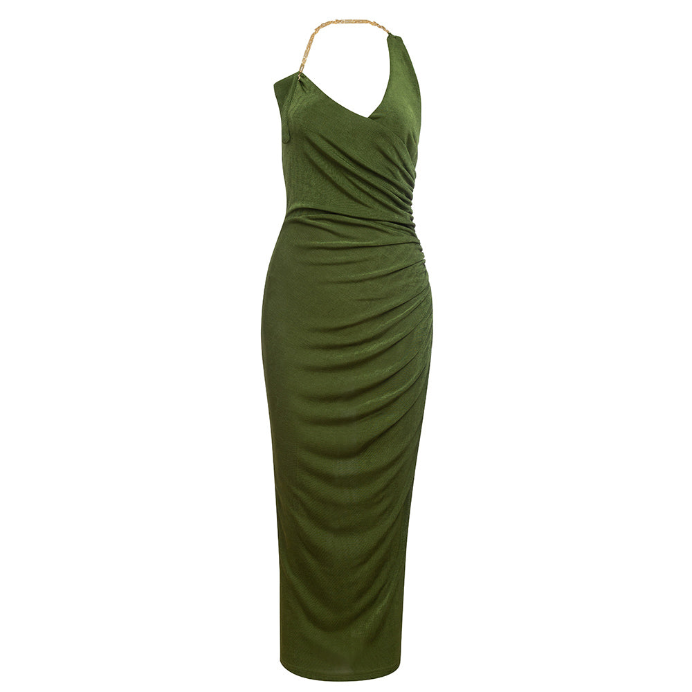 Neckholder-ärmelloses Midi-Bodycon-Kleid mit Kette HB7669