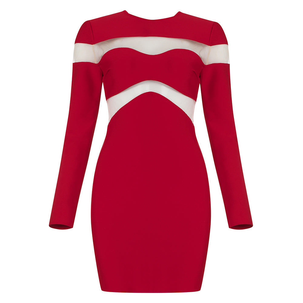 Round Neck Long Sleeve Mesh Mini Bandage Dress HB7843