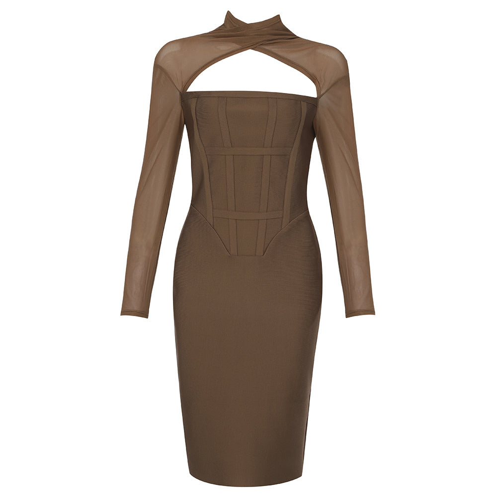 High Neck Long Sleeve Cut Out Midi Bandage Dress HB7873