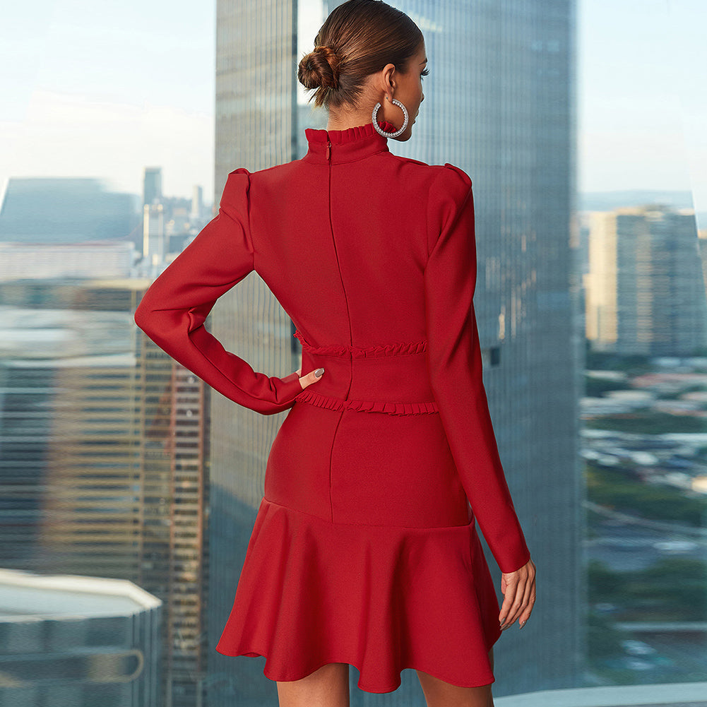 High Neck Long Sleeve Hollow out Mini Bandage Dress HB7945
