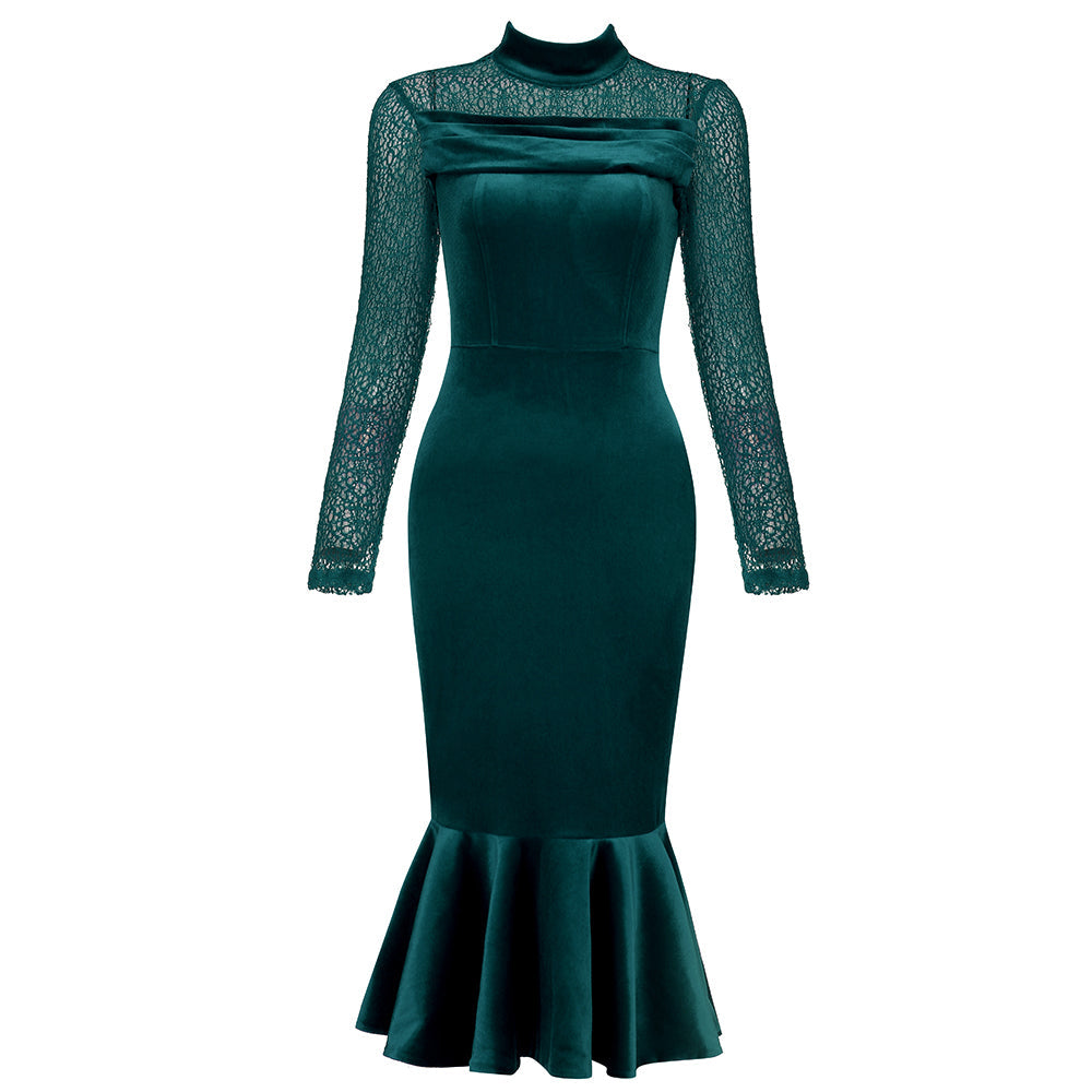 High Neck Long Sleeve Fishtail Midi Bodycon Dress HB7981