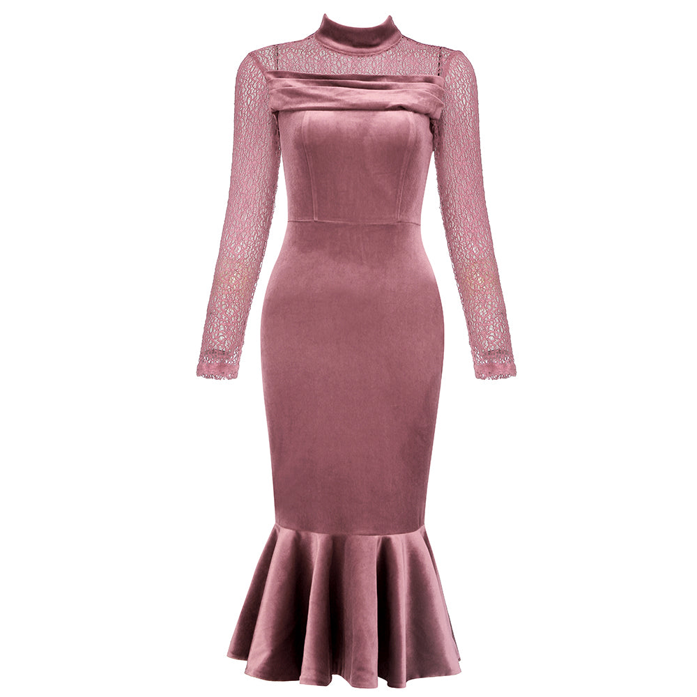 High Neck Long Sleeve Fishtail Midi Bodycon Dress HB7981