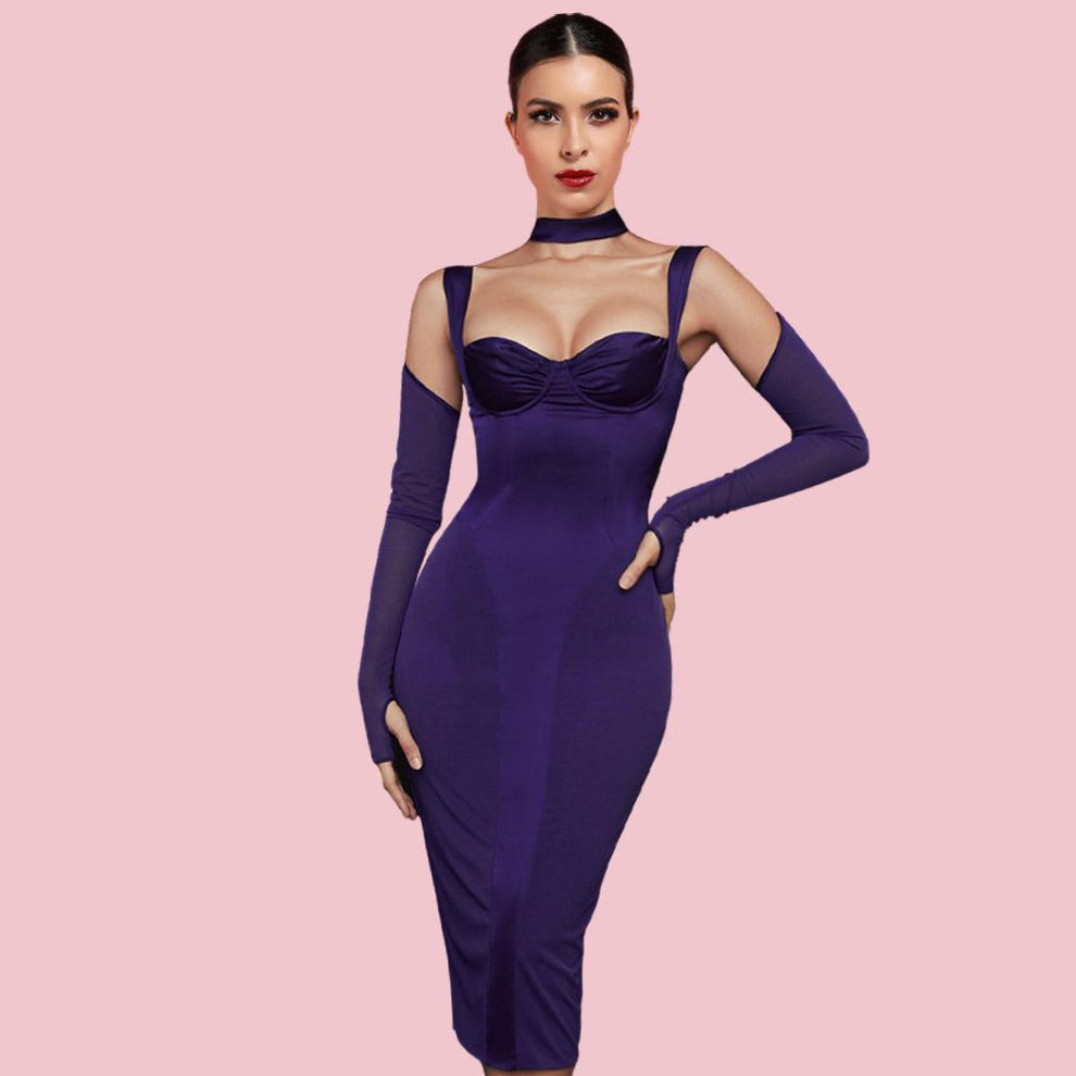 High Neck Long Sleeve Cut Out Midi Bodycon Dress HI1273