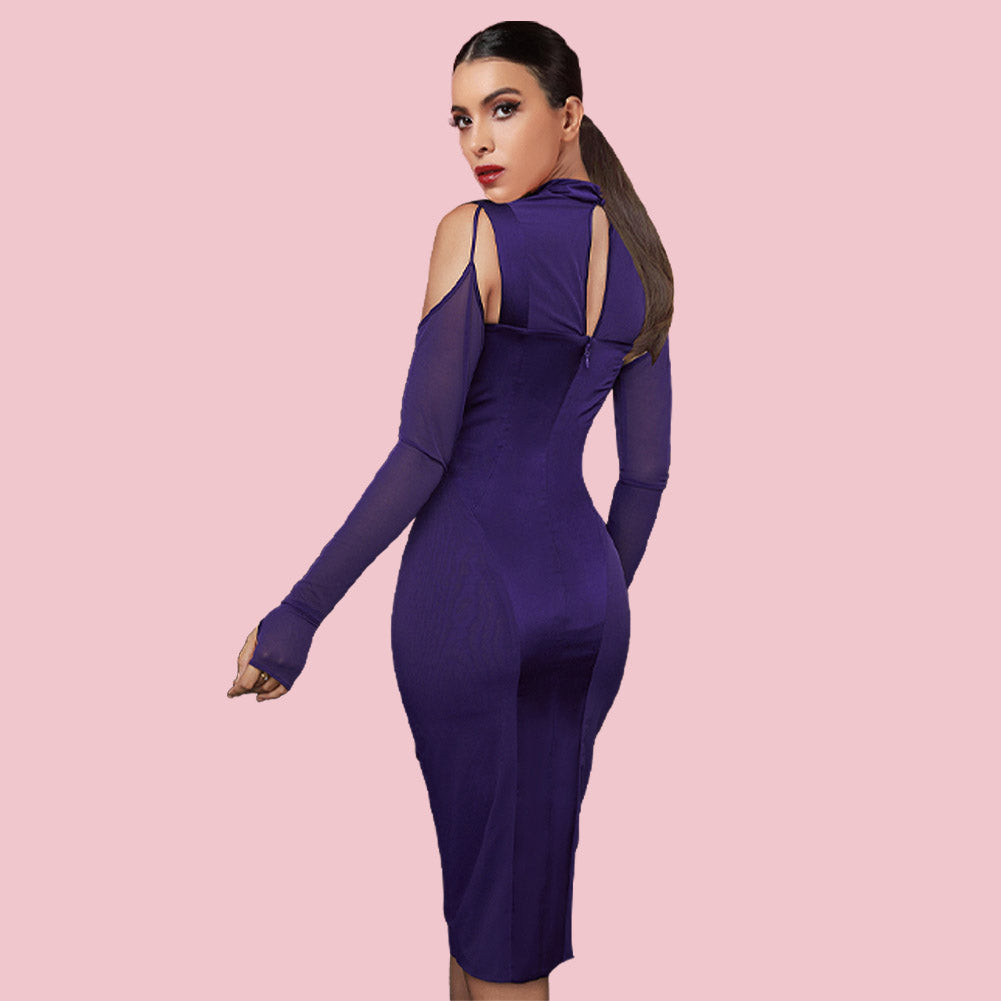 High Neck Long Sleeve Cut Out Midi Bodycon Dress HI1273