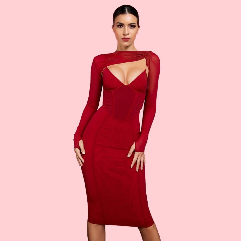 Rundhalsausschnitt, Langarm, Cut-Out, Midi-Bodycon-Kleid HI1276