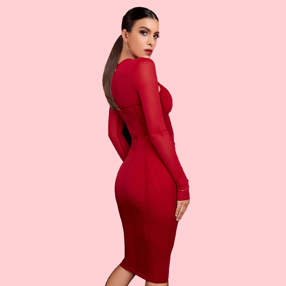 Round Neck Long Sleeve Cut Out Midi Bodycon Dress HI1276