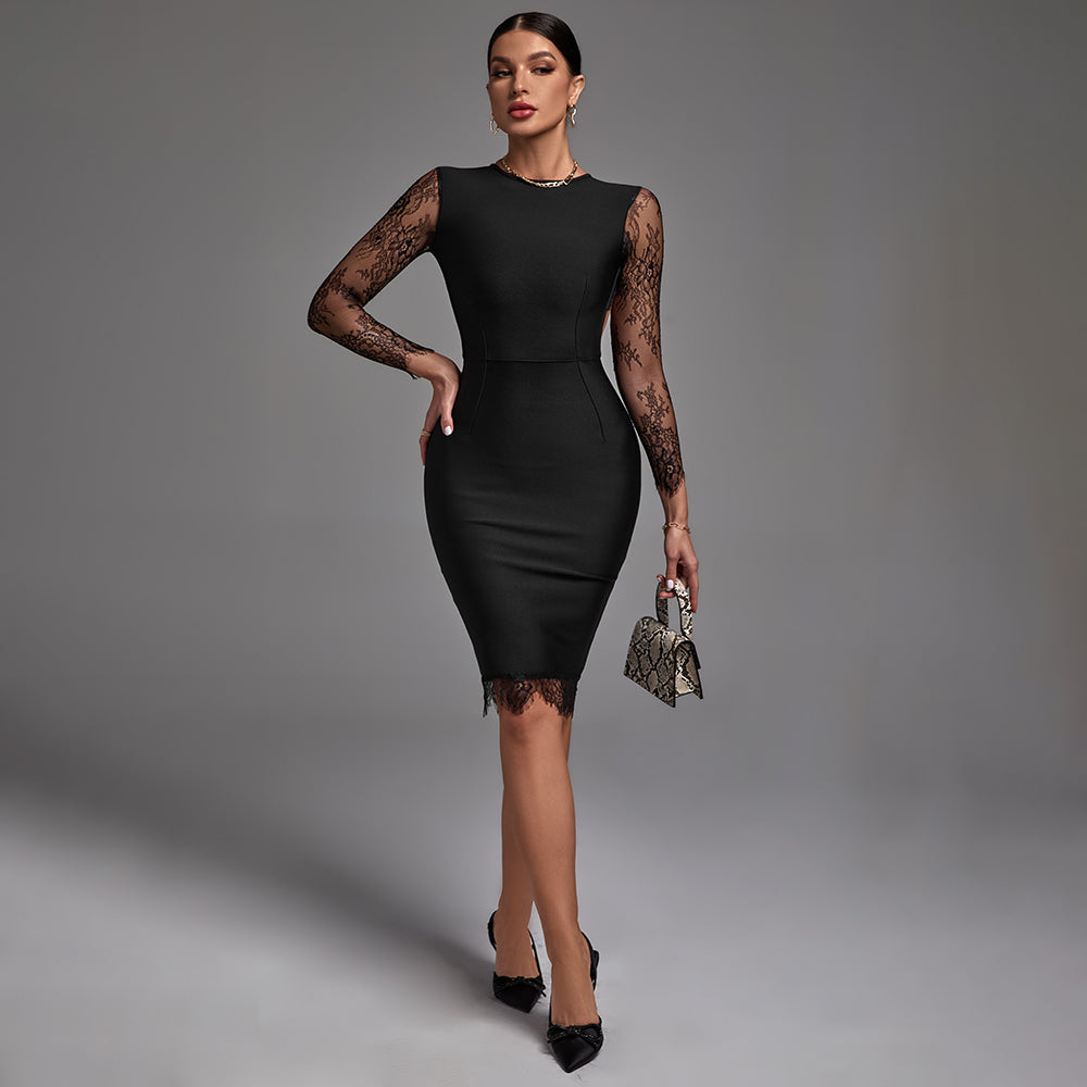 Round Neck Long Sleeve Lace Midi Bandage Dress