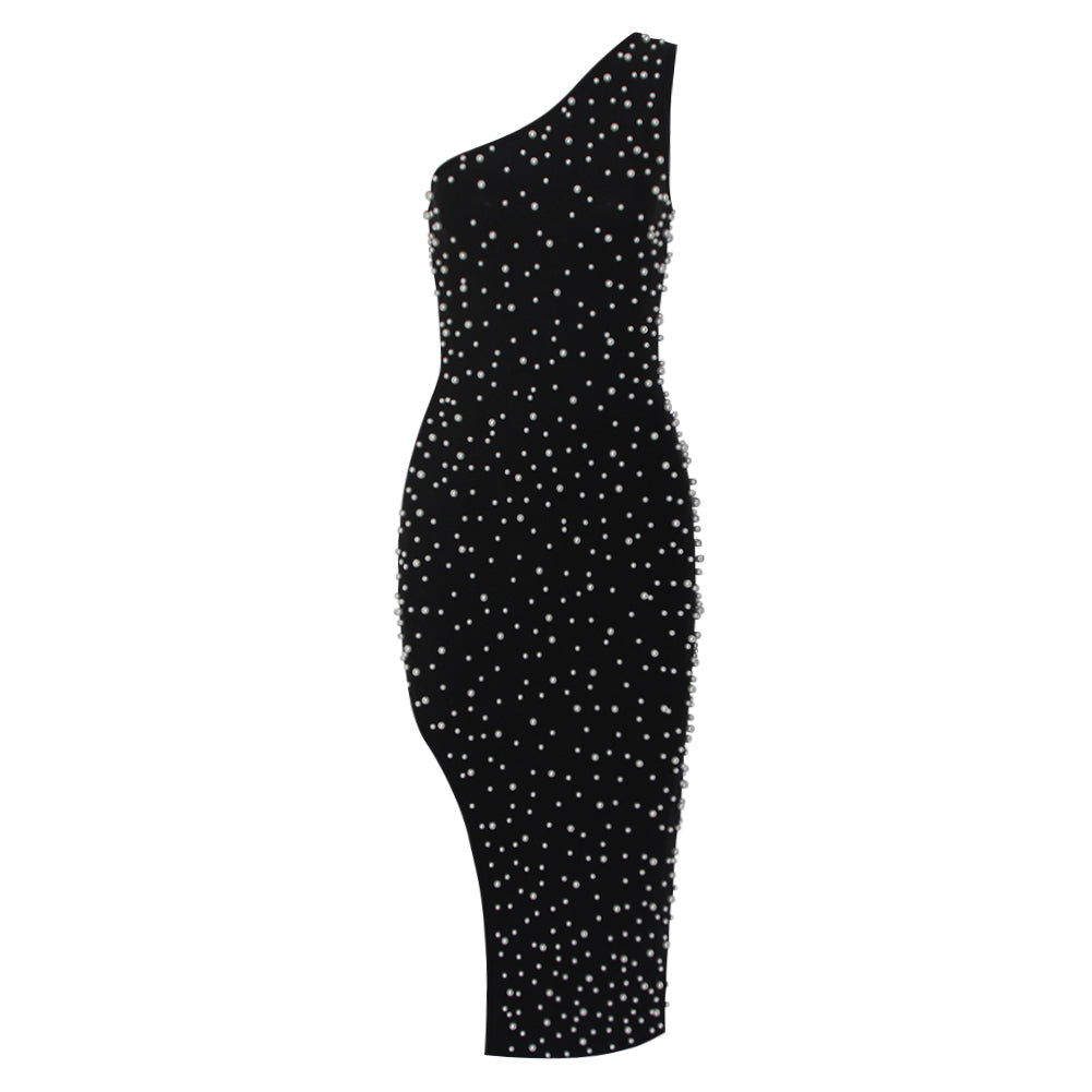 One Shoulder Sleeveless Bubble Beads Over Knee Bandage Dress