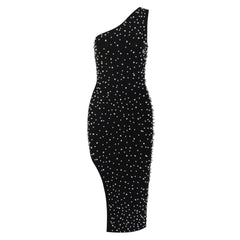 One Shoulder Sleeveless Bubble Beads Over Knee Bandage Dress