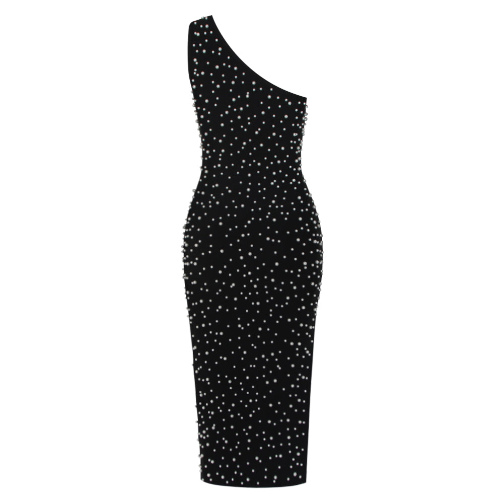 One Shoulder Sleeveless Bubble Beads Over Knee Bandage Dress