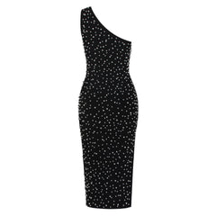 One Shoulder Sleeveless Bubble Beads Over Knee Bandage Dress