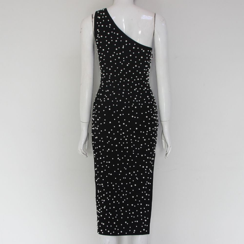 One Shoulder Sleeveless Bubble Beads Over Knee Bandage Dress