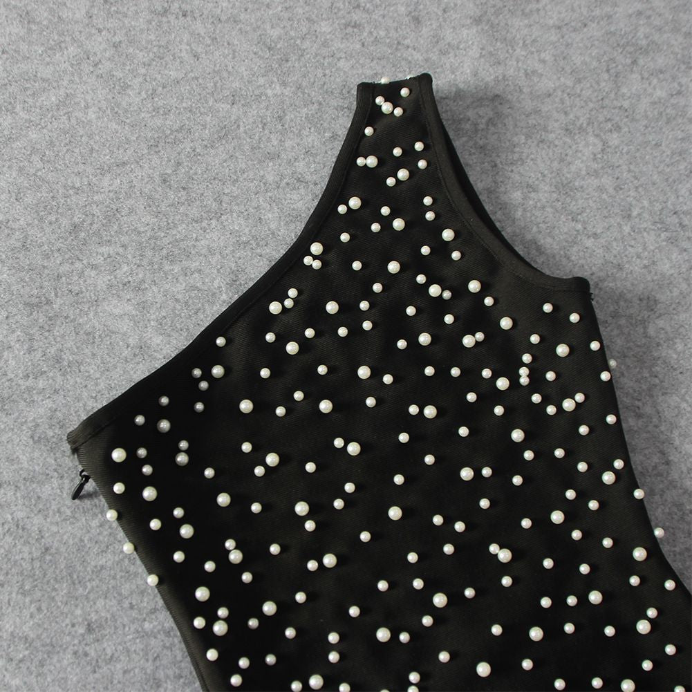 One Shoulder Sleeveless Bubble Beads Over Knee Bandage Dress