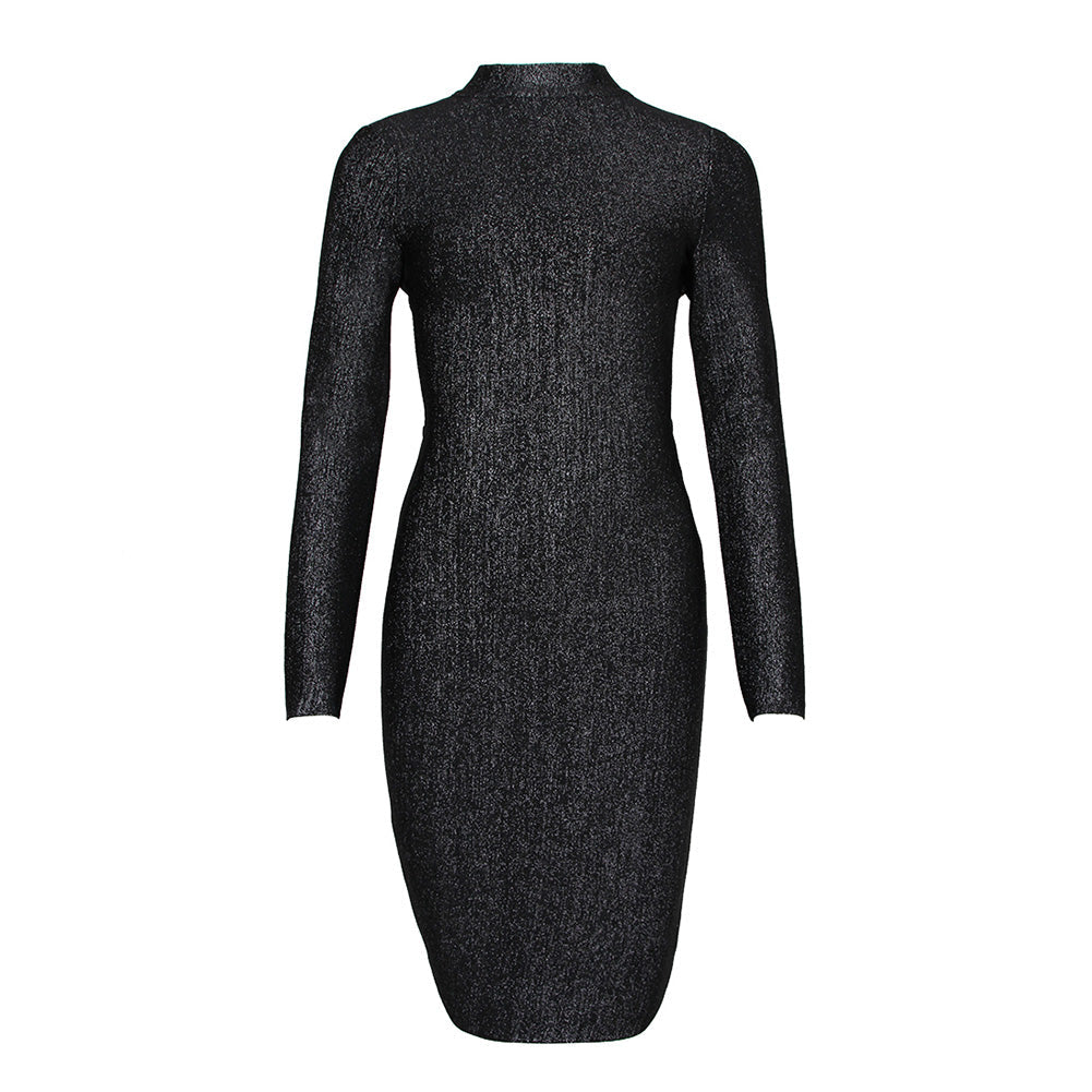 High Neck Long Sleeve Backless Midi Bandage Dress