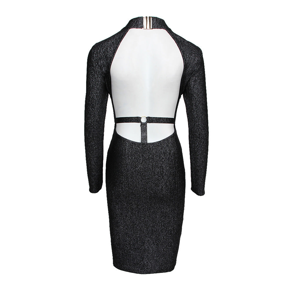 High Neck Long Sleeve Backless Midi Bandage Dress