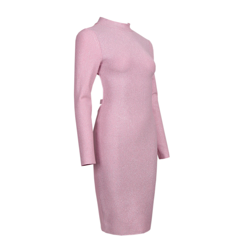 High Neck Long Sleeve Backless Midi Bandage Dress