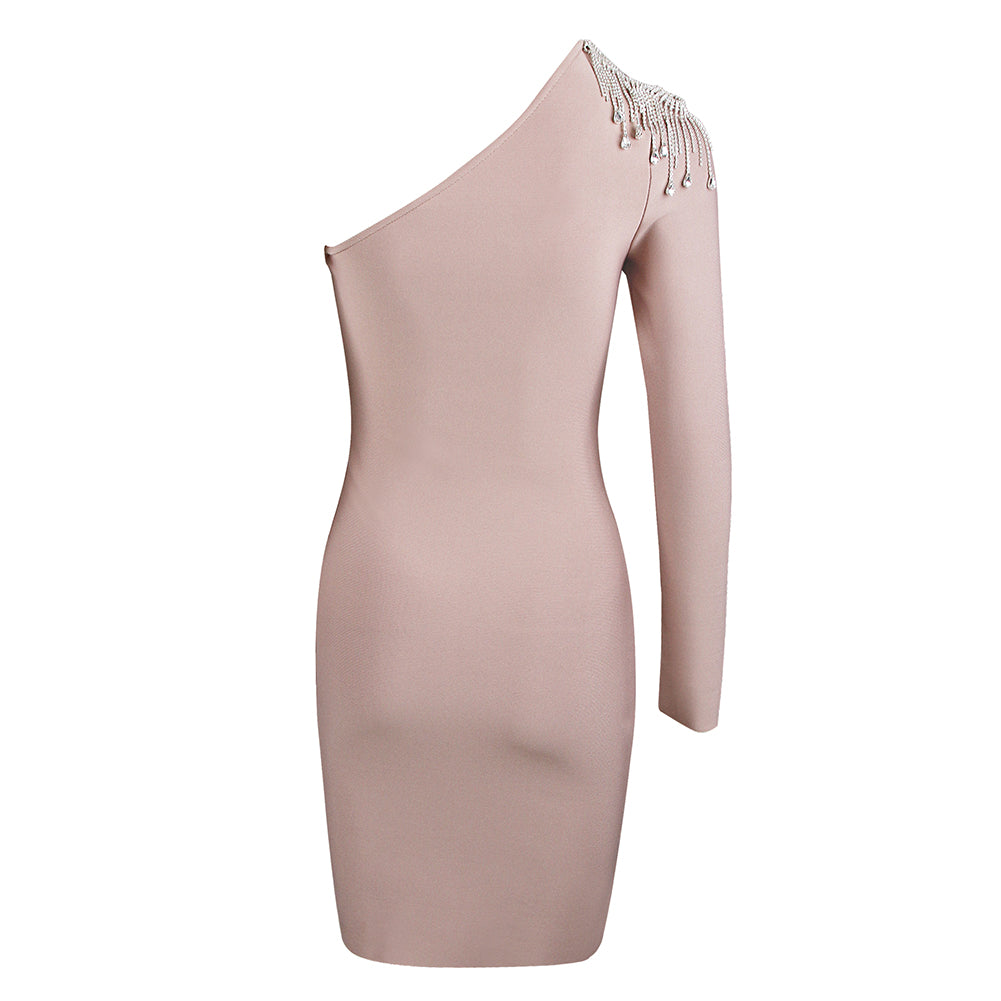 One Shoulder Long Sleeve Drill Chain Mini Bandage Dress