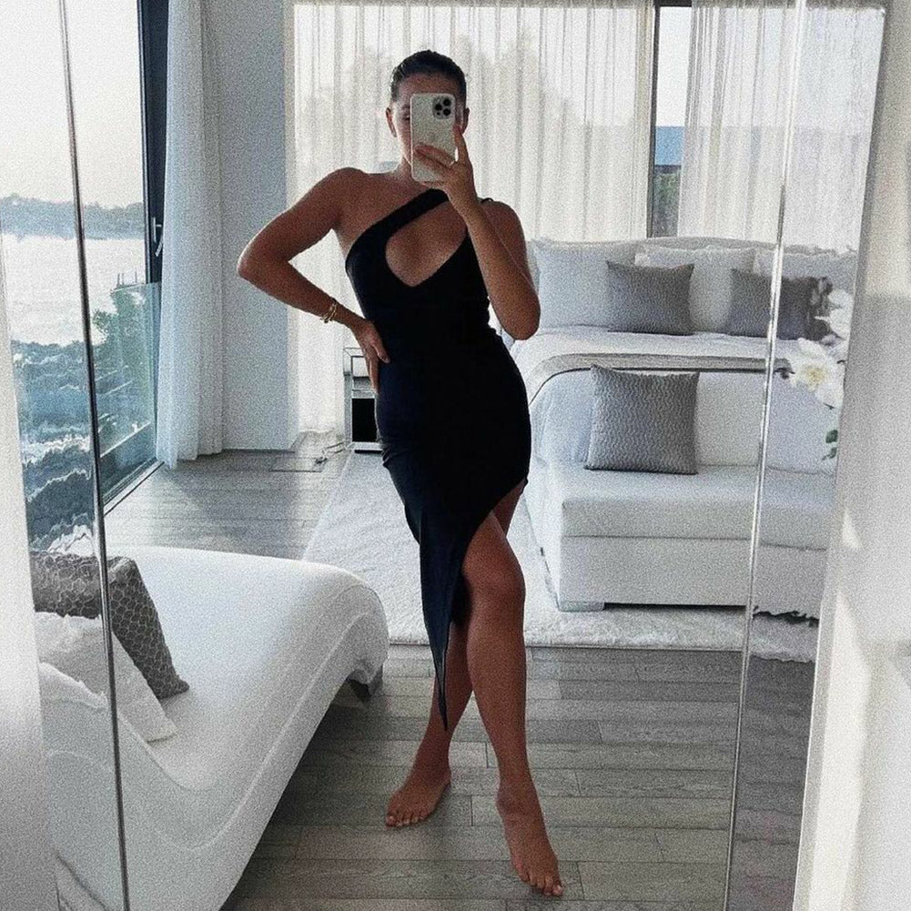 One Shoulder Sleeveless Asymmetrical Midi Bandage Dress