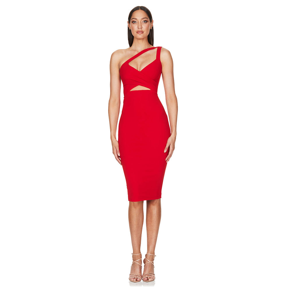 One Shoulder Sleeveless Asymmetrical Midi Bandage Dress