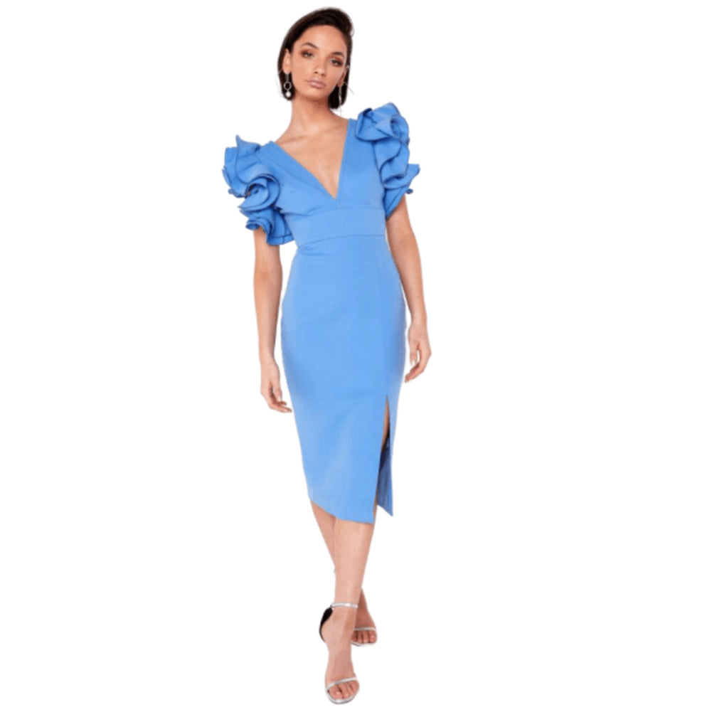 V Neck Sleeveless Midi Frill Bandage Dress HL8892