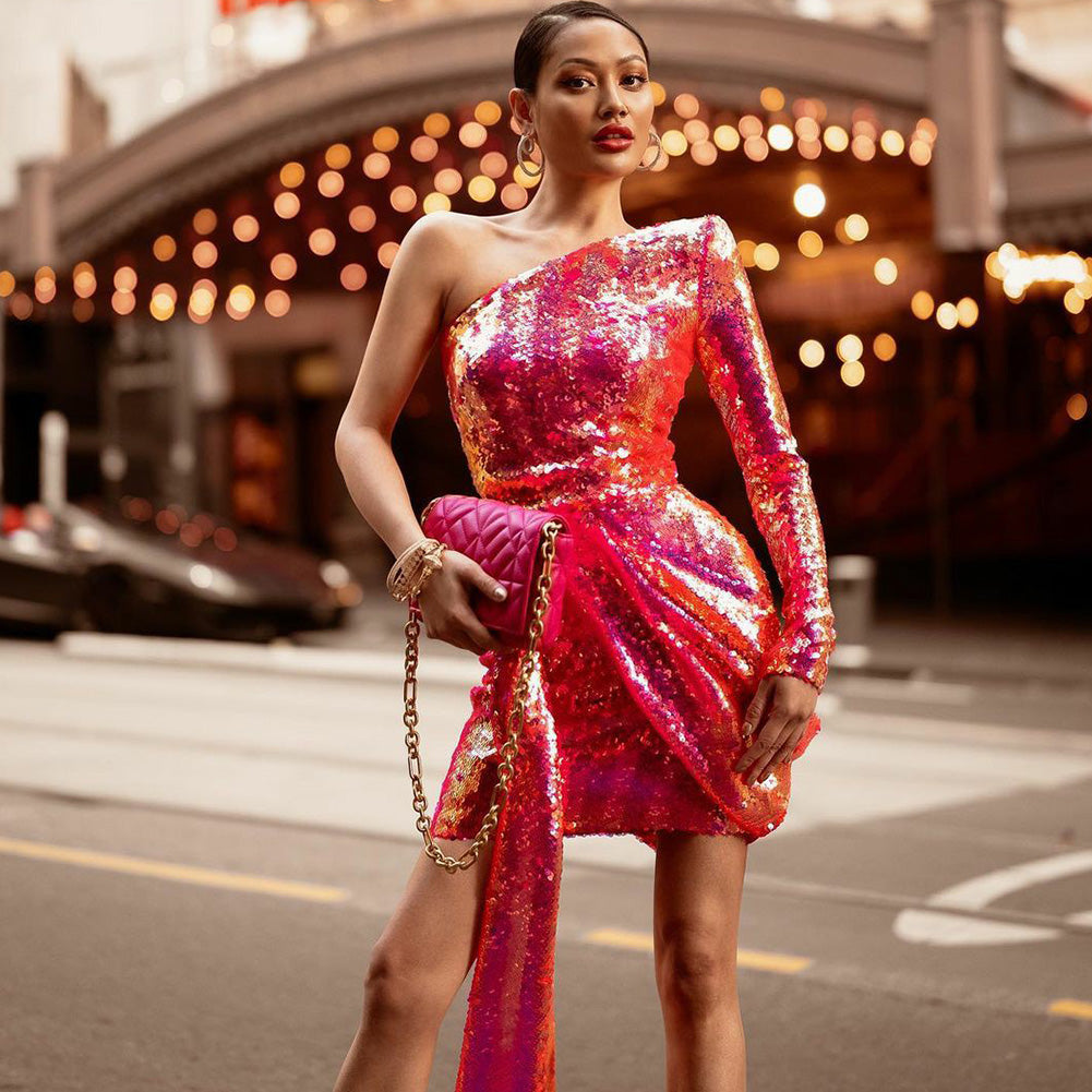 One Shoulder Long Sleeve Sequined Mini Bodycon Dress HL9015