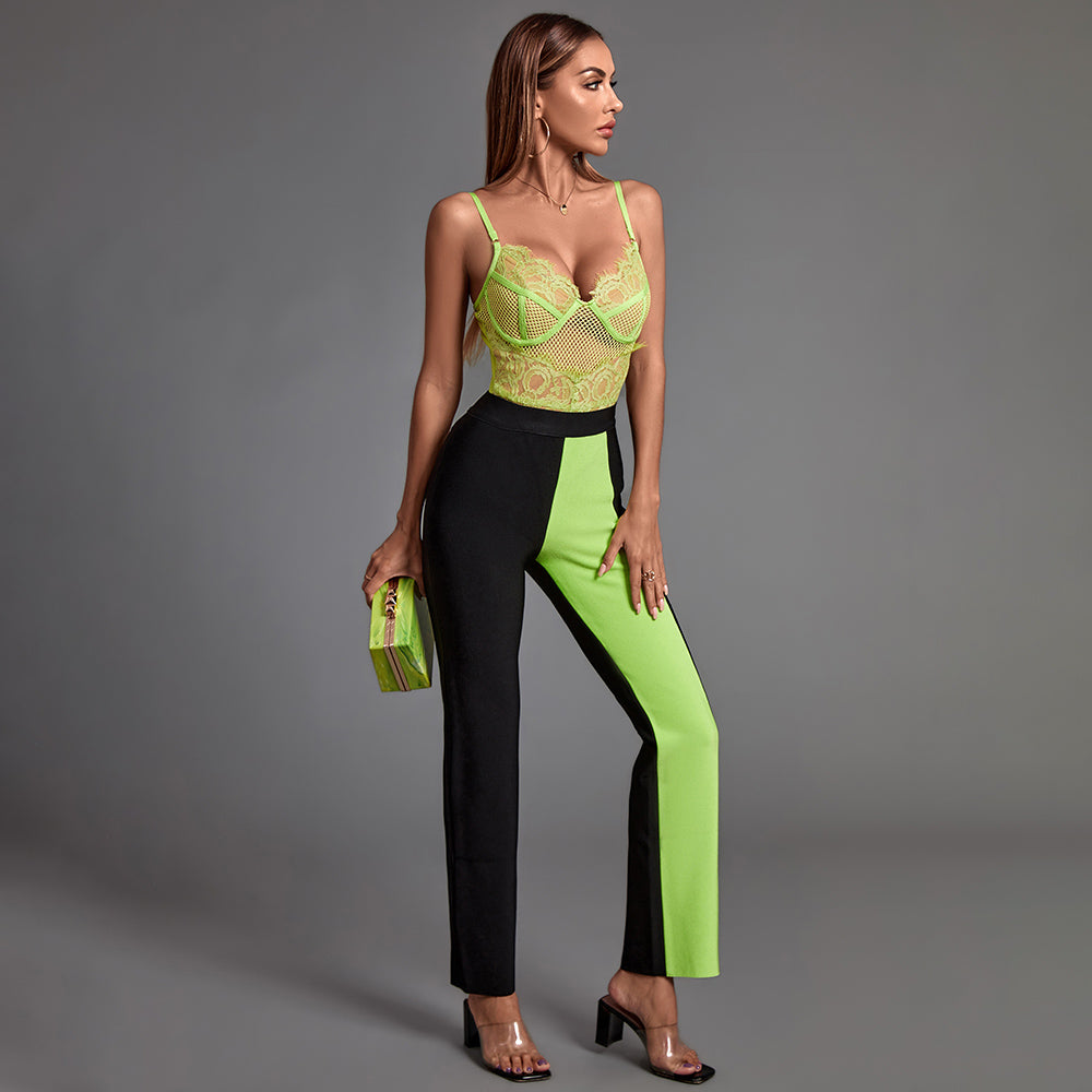 Conjunto de vendaje verde y negro (body y pantalón)