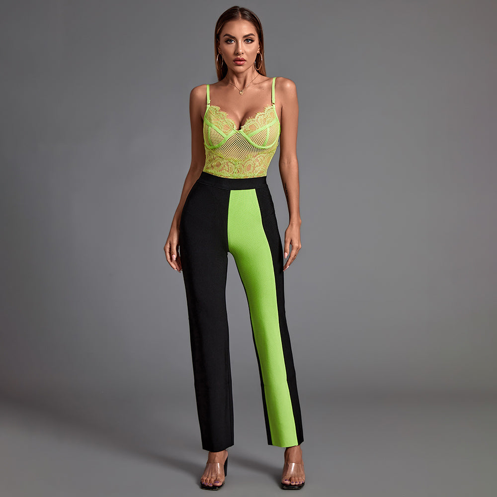 Conjunto de vendaje verde y negro (body y pantalón)